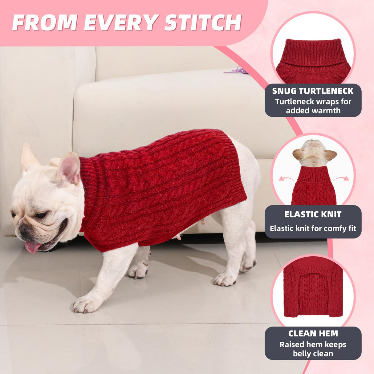 KCFESTIHUE 2 Pack Dog Sweaters for Medium Dogs Turtleneck Pullover Cable Knit Stretch Clothes French Bulldog Dachshund Boston Terrier Corgi Beagle Pug Boy Girl Pets Winter Clothes (M, Pink & Red)