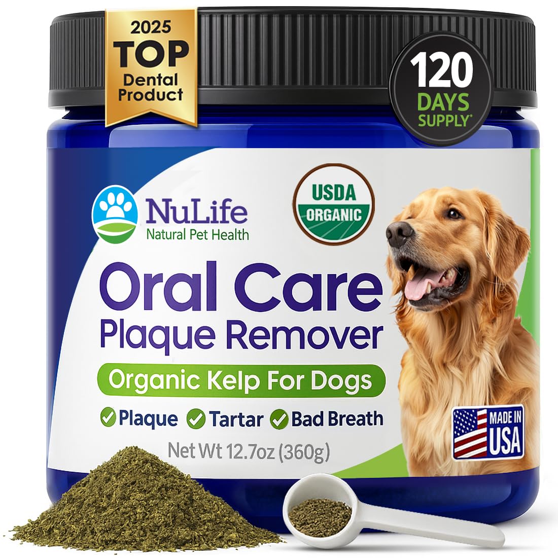 NuLife Natural Pet Health Dog Teeth Cleaning Powder, Dog Plaque and Tartar Remover, Bad Breath Treatment for Dogs with USDA Organic Sea Kelp Powder, Dog Dental Care Made Easy, for All Ages, 12 oz