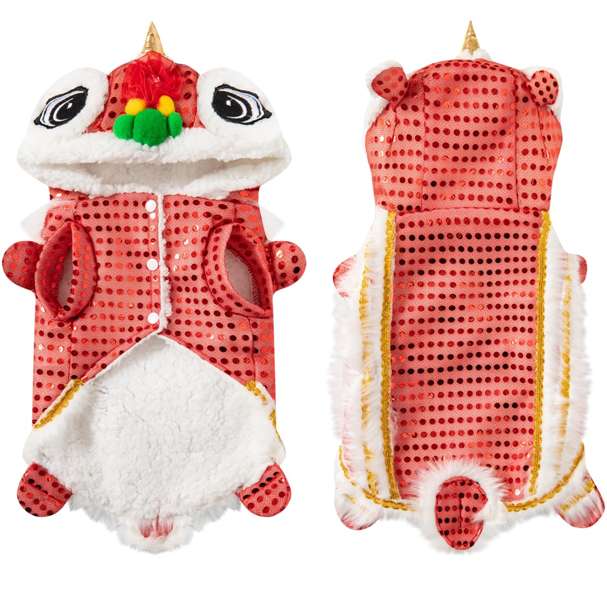 Chinese Dance Lion Dog Costume Chinese New Year Hoodies Spring Festival Winter Dog Warm Clothes Pet Coat Dress up (Red,Medium)