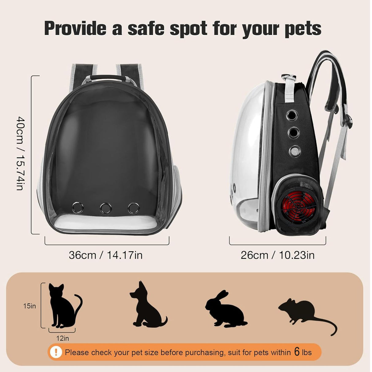 Cooling Fan Pet Backpack Carrier,Airline Approved Transparent Bubble Backpack for Cats, Dogs, Puppies Built-in Side Fan for Active Ventilation & Comfort Travel and Outdoor (Black)
