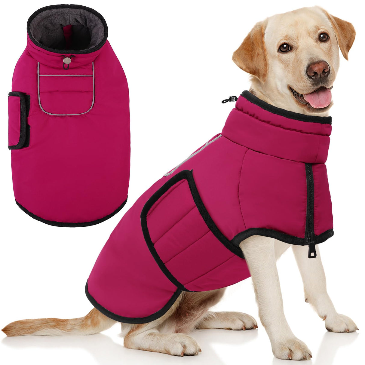 AOFITEE Dog Winter Coat, Waterproof Dog Jacket, Dog Coat with Harness Hole, Warm Fleece Dog Puffer Jacket, Reflective Windproof Dog Snowsuit for Small Medium Large Dogs, Dachshund, French Bulldog, L