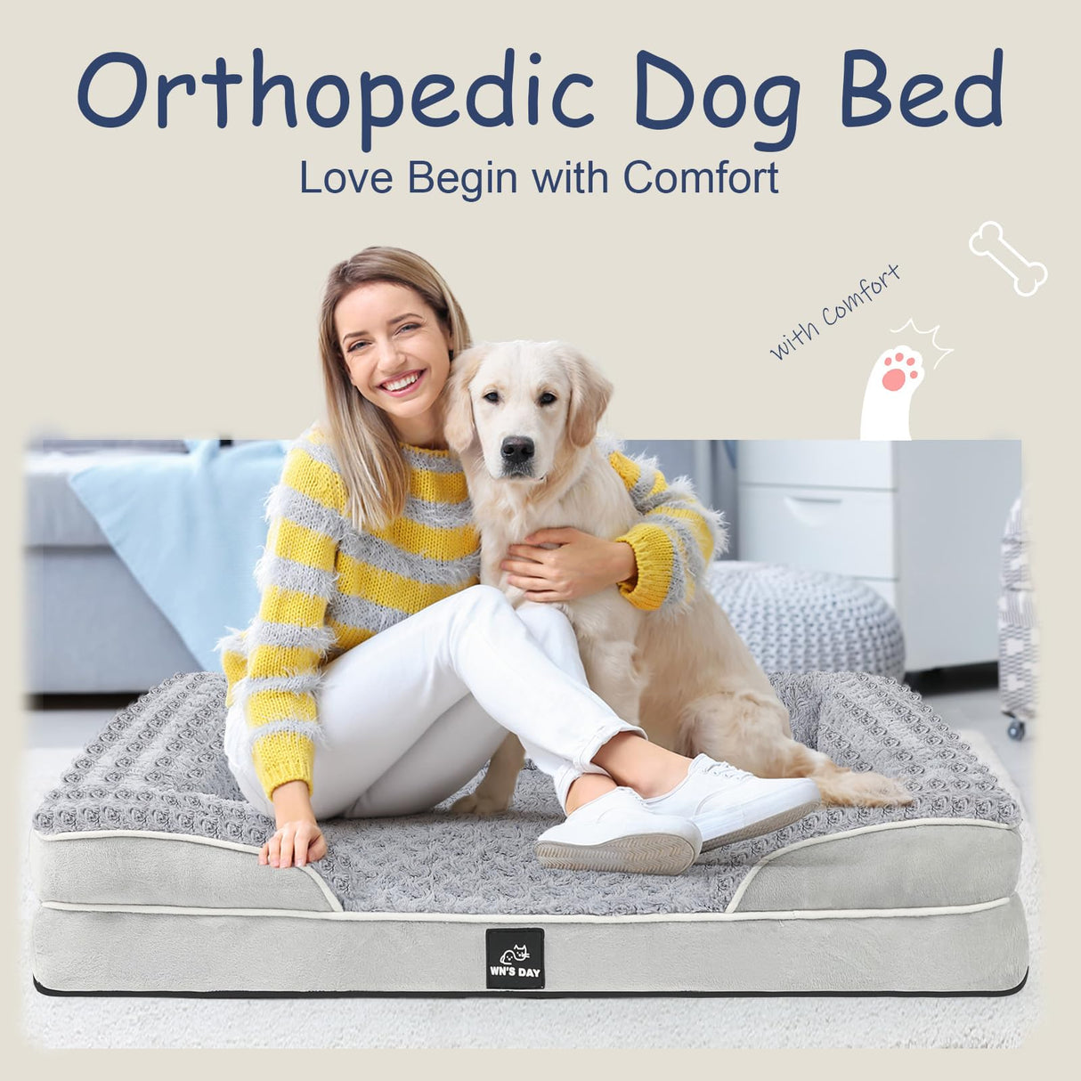 Orthopedic Dog Bed for Large Medium Sized, Washable Memory Foam Large Dog Bed, Medium Pet Sofa with Removable Cover, Washable Waterproof Pet Couch Beds(Grey, L)