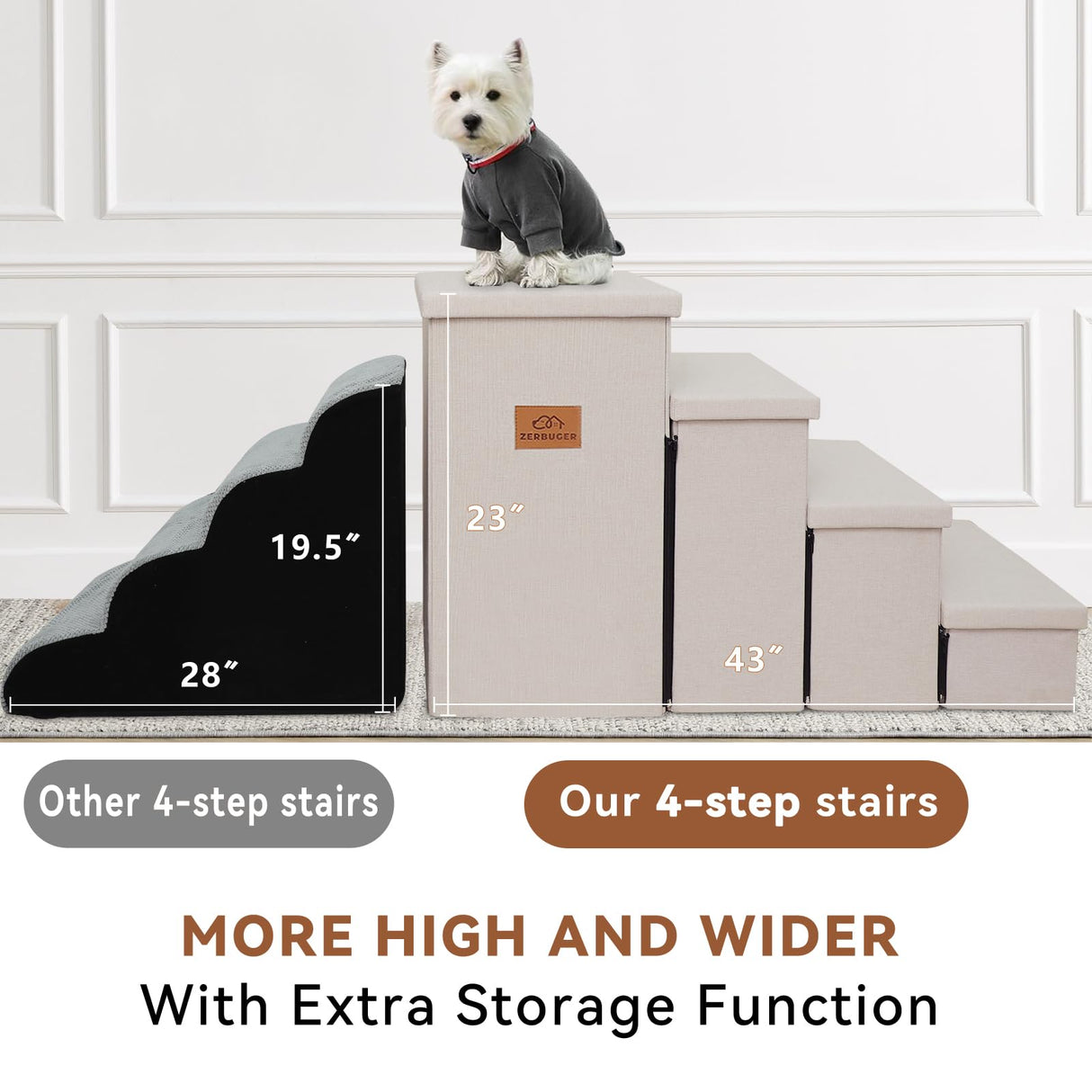 Zerbuger Dog Stairs with Storage 23" H, 4-Step Wider Dog Steps for High Beds Window, Folding Sturdy Pet Stairs Gift for Small/Medium/Large Old Dogs Cat, Ramp for Climbing Car Up to 200 lbs, Beige