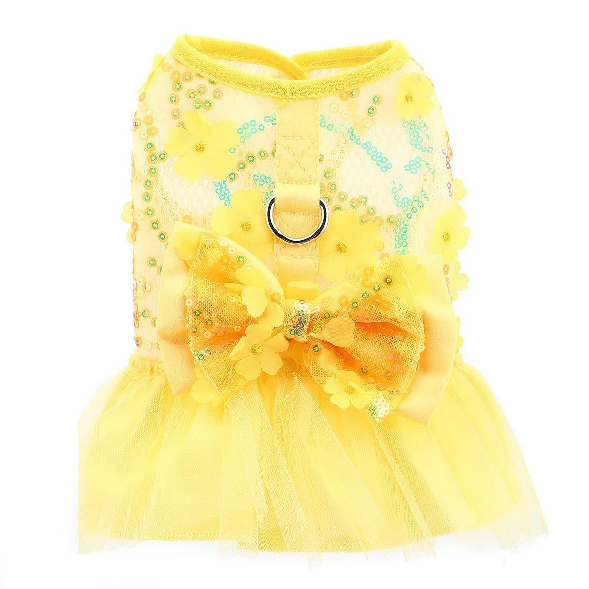 PAIDEFUL Dog Dress,Luxury Bow Princess Tutu Dresses for Girl Dogs Cute Fashion Mesh Pet Skirt with Sequins Flower Cat Puppy Clothes Wedding Party Outfits Chihuahua Apparel Button up D-Ring,Yellow,XL