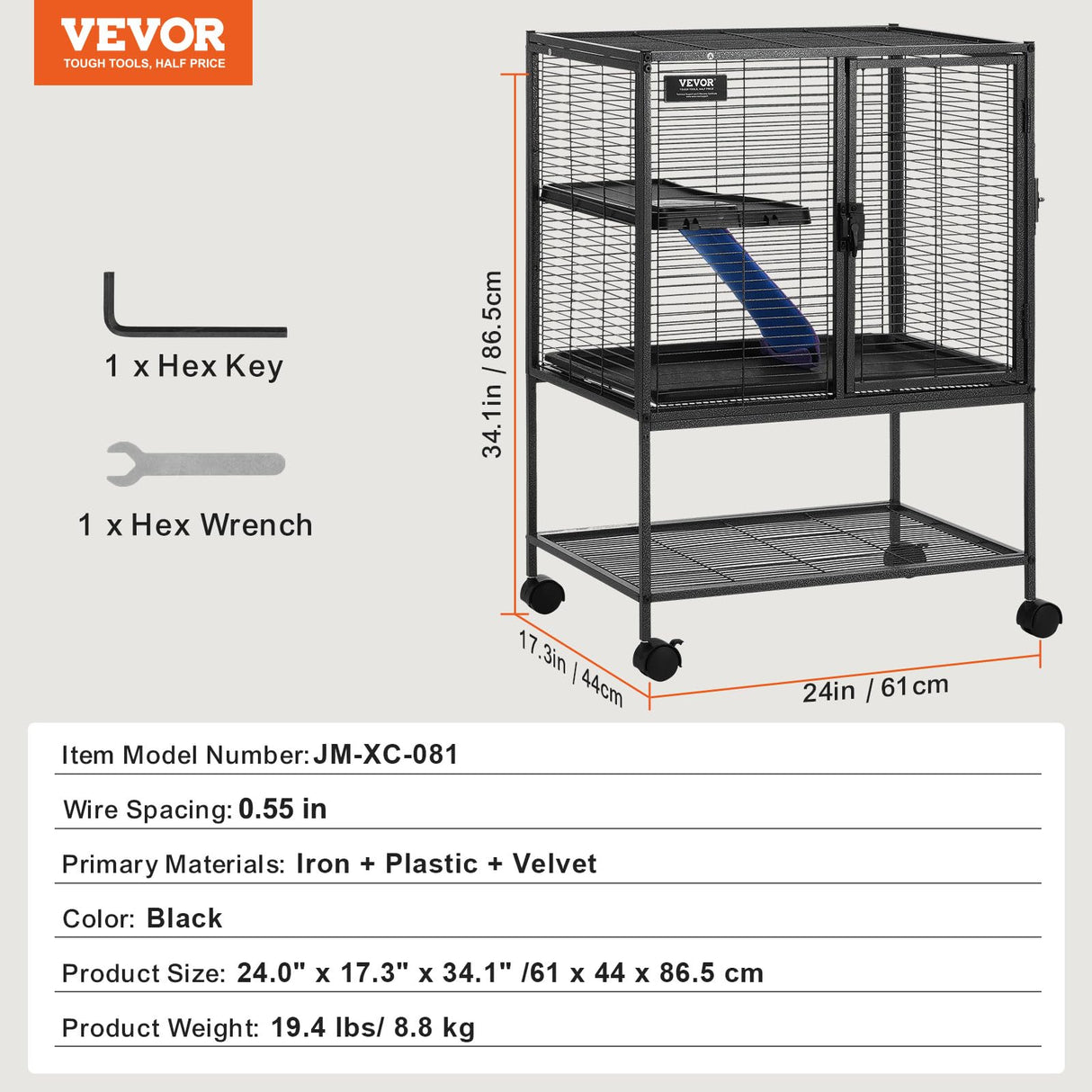VEVOR 34" Rolling Metal Ferret Cage, Large 2-Tier Critter Nation Cage, Small Animal Cage with Ramps & Tray, Easy to Set up for Pet Mice, Hamster, Guinea Pig, Chinchilla, Squirrel, Hedgehogs, Bunny
