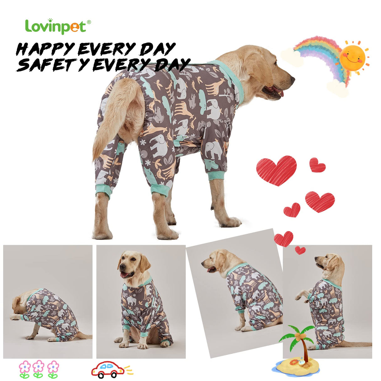 LovinPet Large Dog PJS, Hippos Zoo Cozy Dog Pajamas, Slim fit, Lightweight Pullover Clothes/Full Coverage Golden Retriever Pajamas/Back Snap Button is Only Decoration /2XL