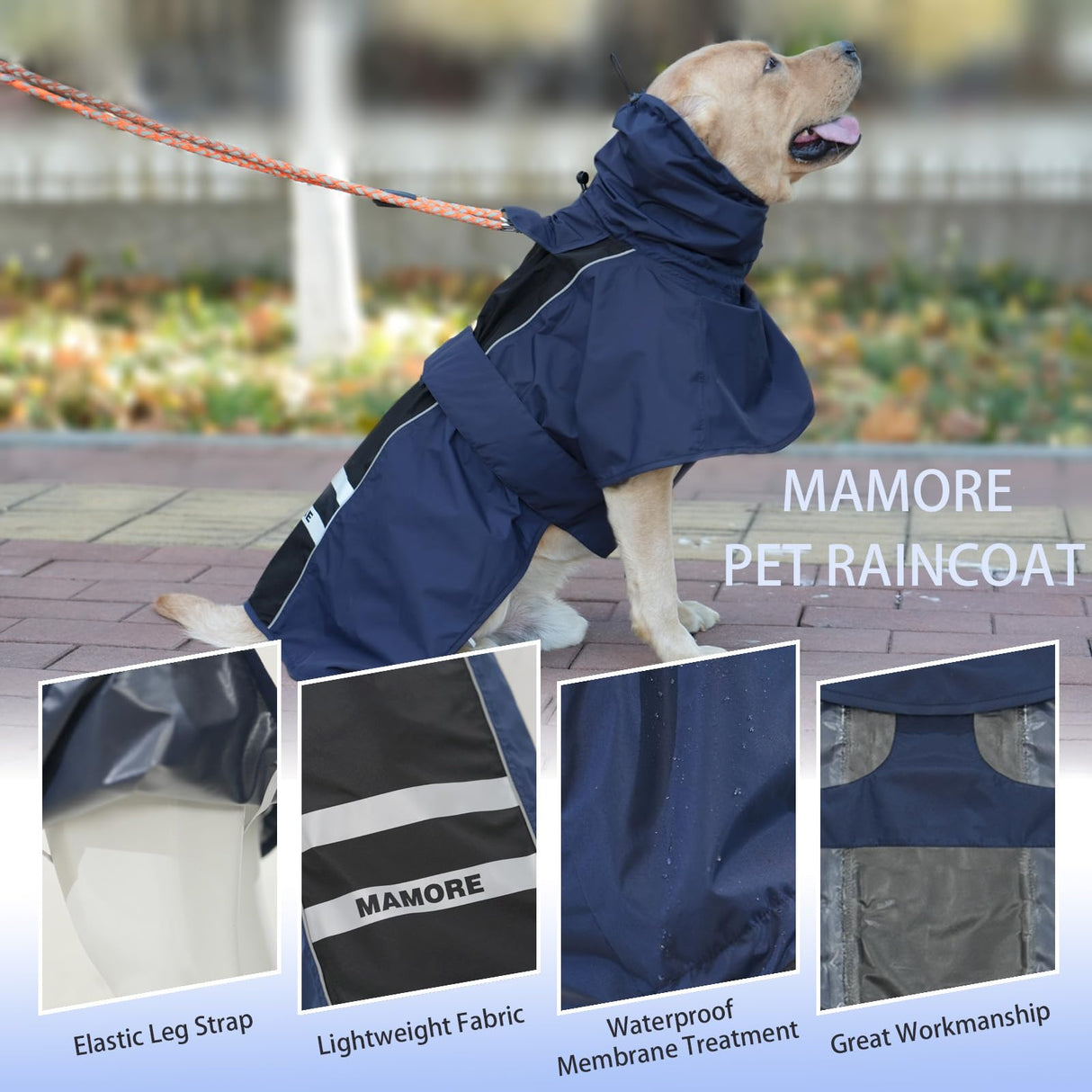 Adjustable Dog Raincoat, Waterproof Dog Rain Jacket for Small Medium Large Dogs,Reflective Lightweight Pet Rain Coat with Leash Hole (Navy&Black, Medium)