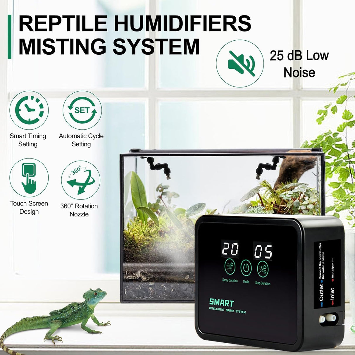 MECESOR Reptile Humidifiers Smart Misting System for Reptile Terrariums, Reptile Mister Automatic with Timer, Reptile Mister Adjustable Misting Nozzles for Chameleons, Frog, Lizard, Snake