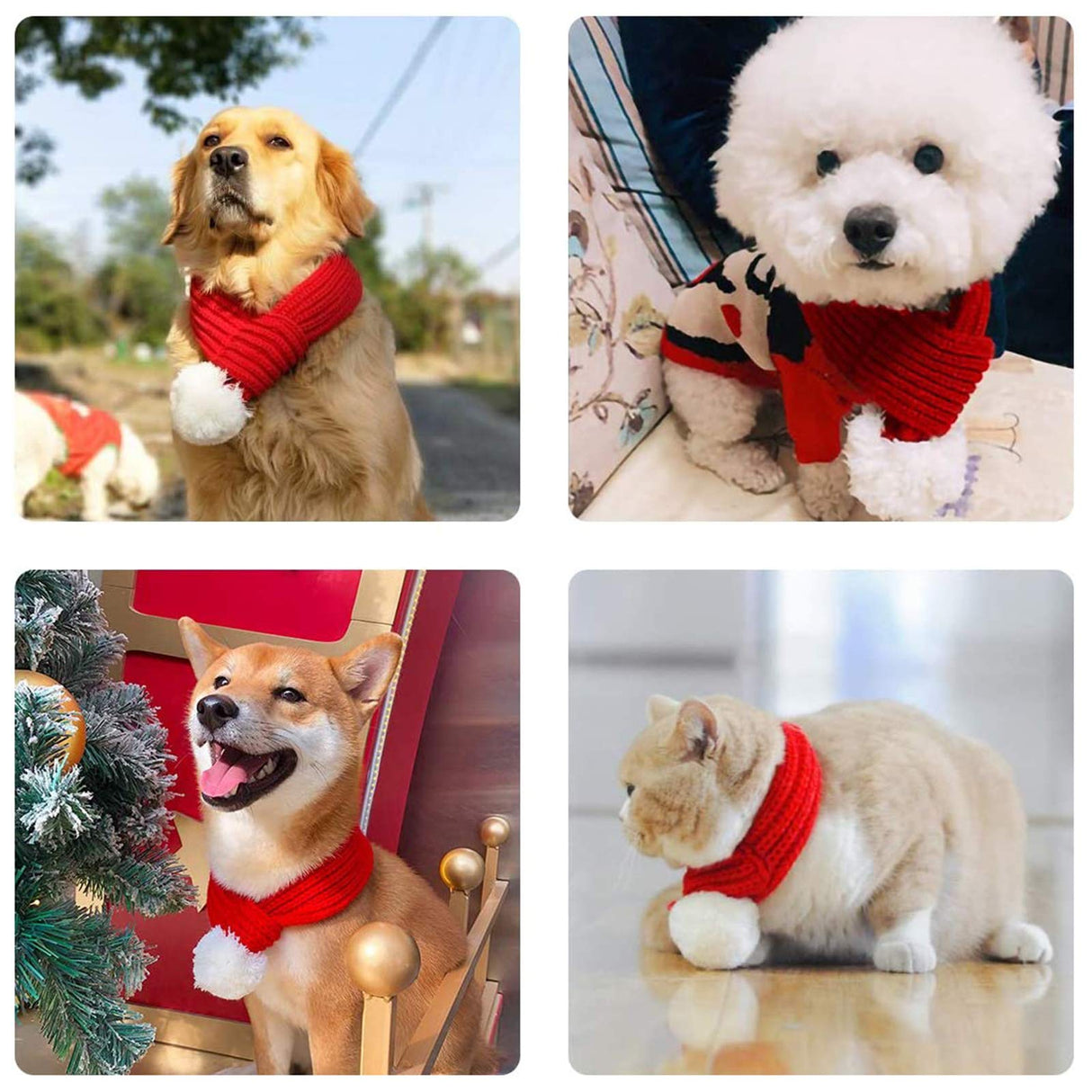 Inscape Data Christmas Dog Santa Hat with Adjustable Scarf, Red Knit Scarf with White Pompom Ball, Dog Winter Neck Warmer, Christmas Party Dressup