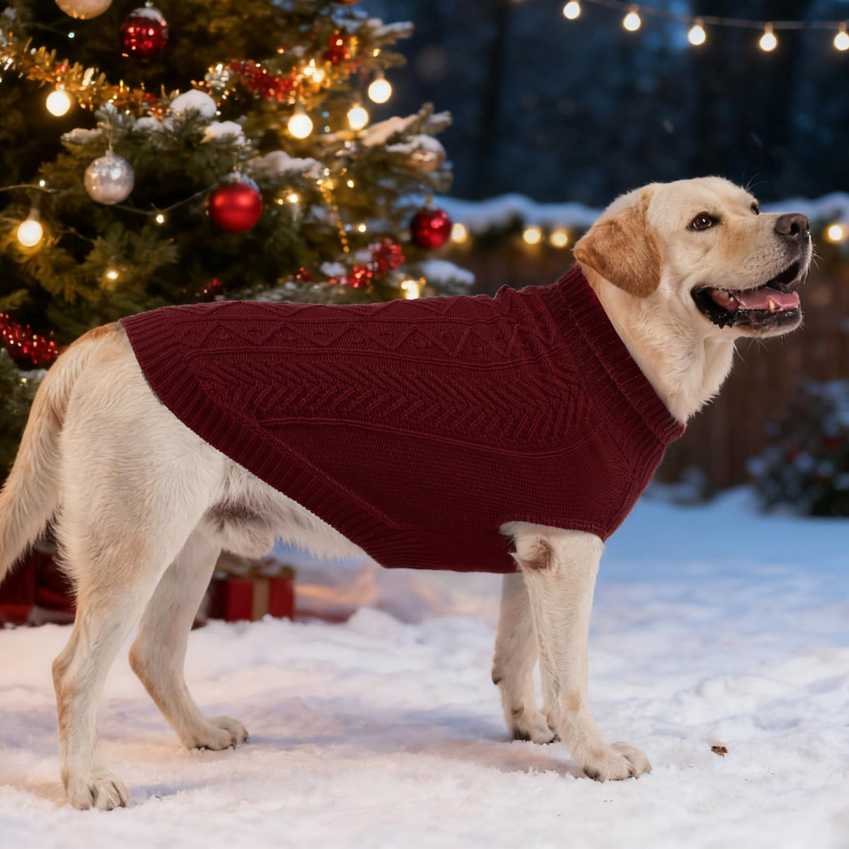 PUPTECK Dog Sweater, Turtleneck Warm Knitted Pullover Coat, Thick Cable Knitwear Clothes in Winter, Pet Apparel Outfits for Large Dogs, for Cold Weather Indoor & Outdoor, Deep Red L