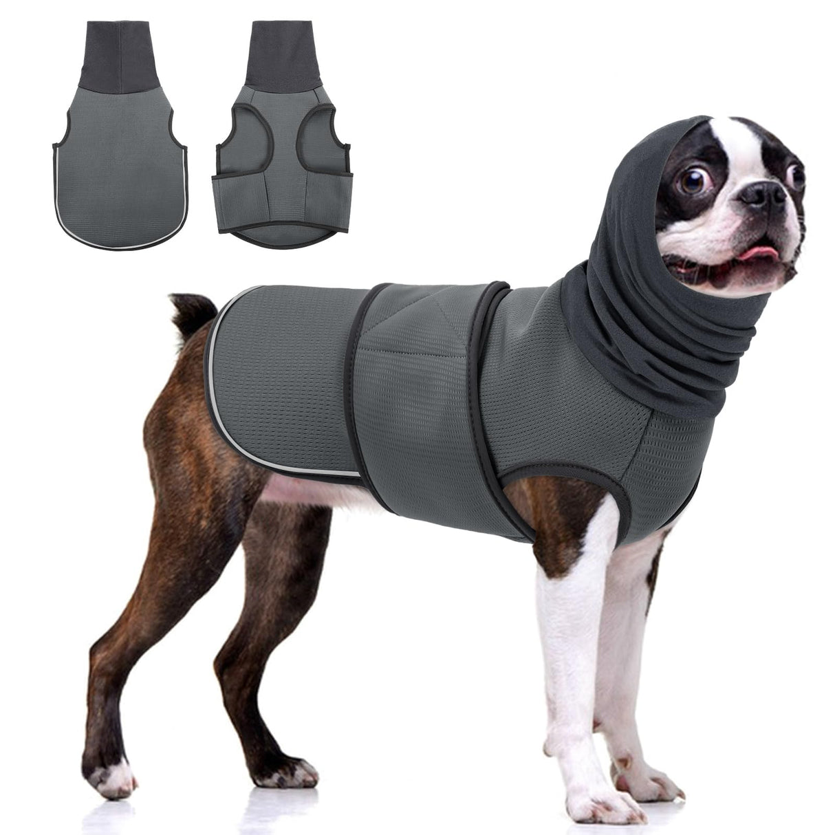 KOESON Dog Calming Hoodie, Pet Thunder Jacket with Ear Wrap, Breathable Dog Anti-Anxiety Vest for Thunder, Fireworks, Travel, Separation, Comfort Pet Anxiety Relief Wrap, Grey M