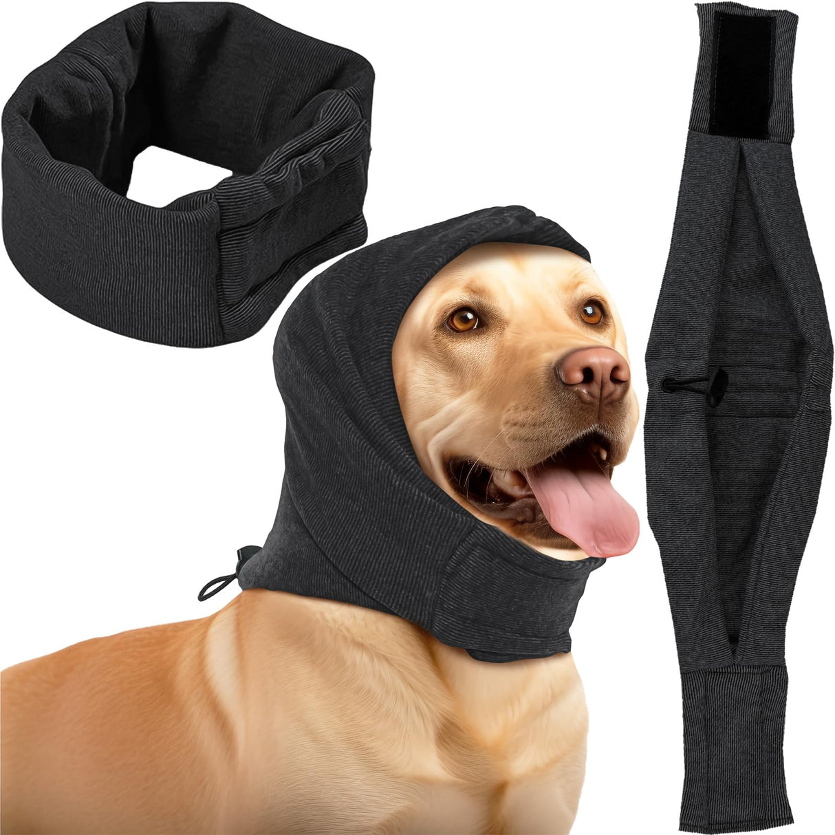 Pacify Dog Calming Hoodie, No Shake Ear Wraps for Dogs, Adjustable Dog Ear Muffs Head Wrap for Noise Reduction, Anxiety Relief, Grooming, Thunder, Hematoma (Black, M(Head Girth:14.6"-19.7"))