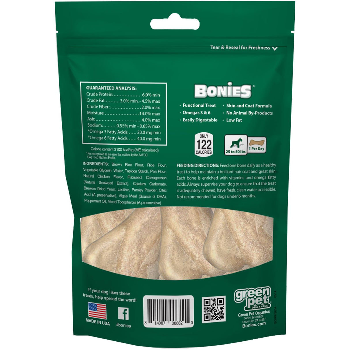 Bonies Natural Skin & Coat Formula Medium-Sized Single Bone - Promote Silky Coat & Healthy Skin, Healthy Teeth & Fresh Breath, Low Calories - Chicken Flavor, [Medium Dogs], 8 Bones