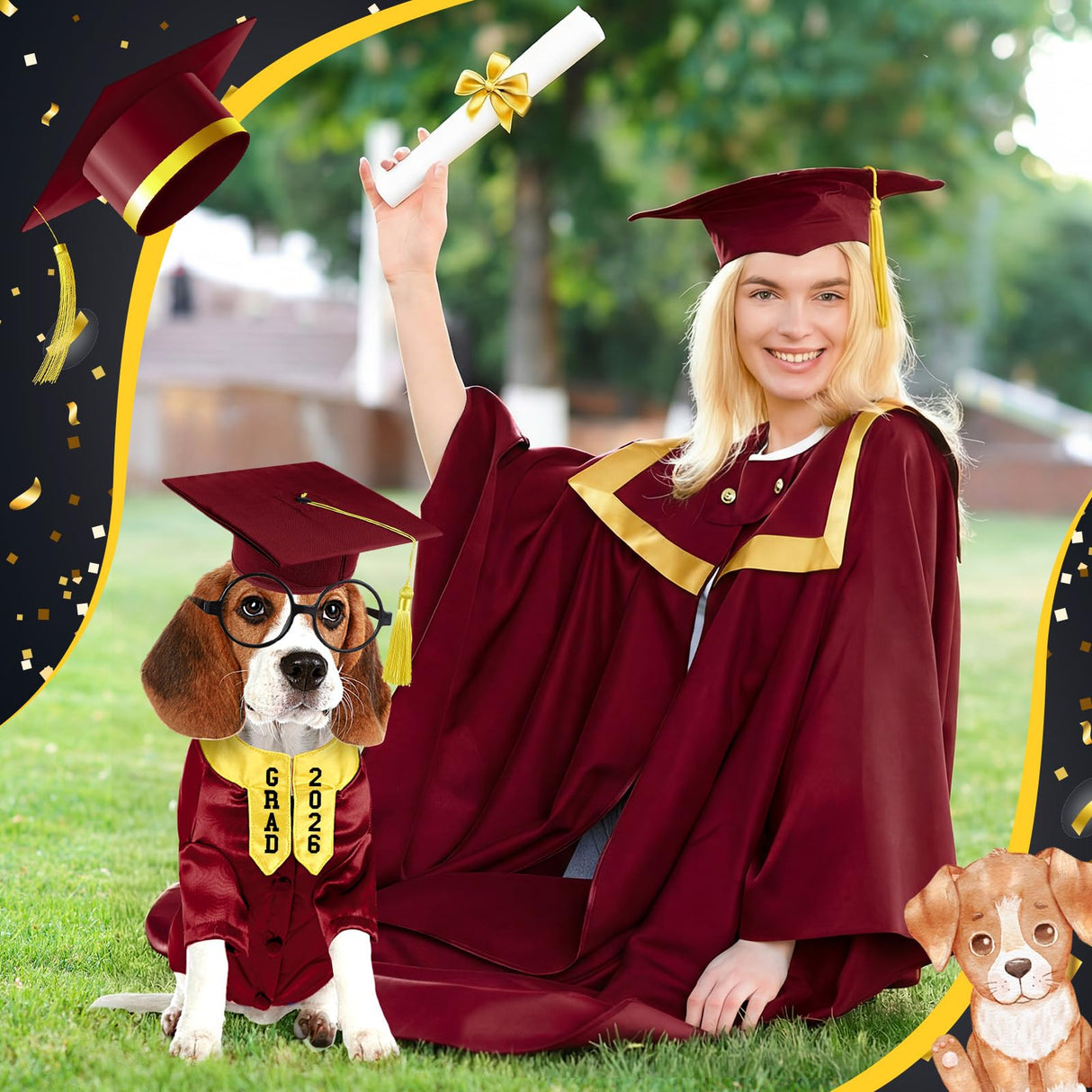 Huhumy 5 Pcs Dog Graduation Costume Set Include 2025 Pet Graduation Gown with Stole Puppy Grad Cap Lensless Glasses DIY Letter Stickers for Dogs Cats Holiday Costume Accessory(Maroon Yellow,XXL)
