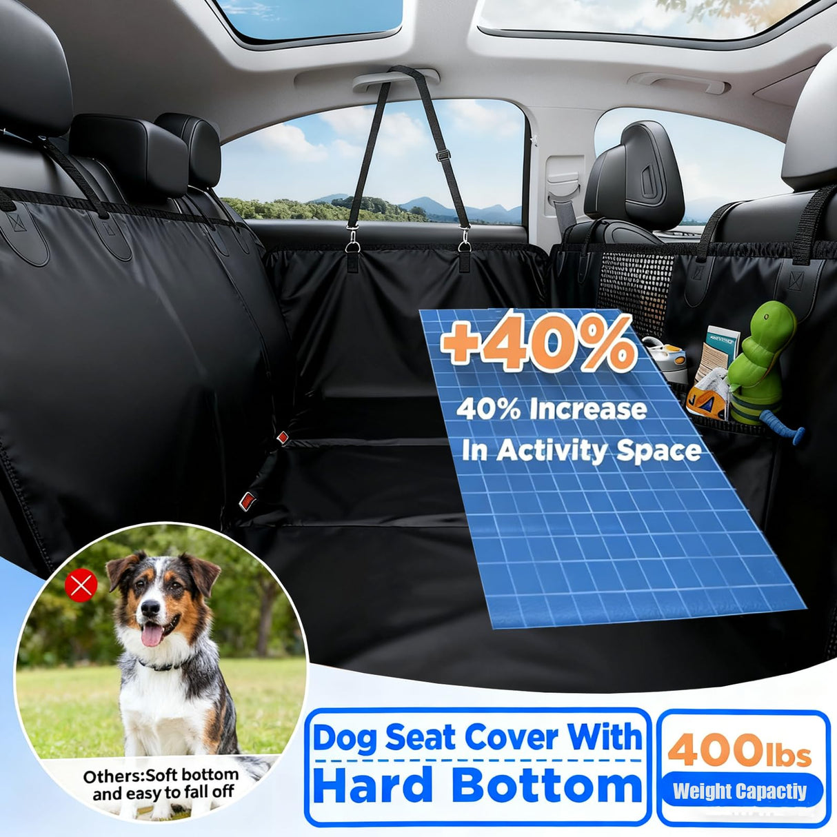 Dog Car Seat Cover for Extender Back Seat, Holds 400lbs, Waterproof Dog Car Seat Cover for Back Seat with Hard Bottom,Easy to Use and Clean