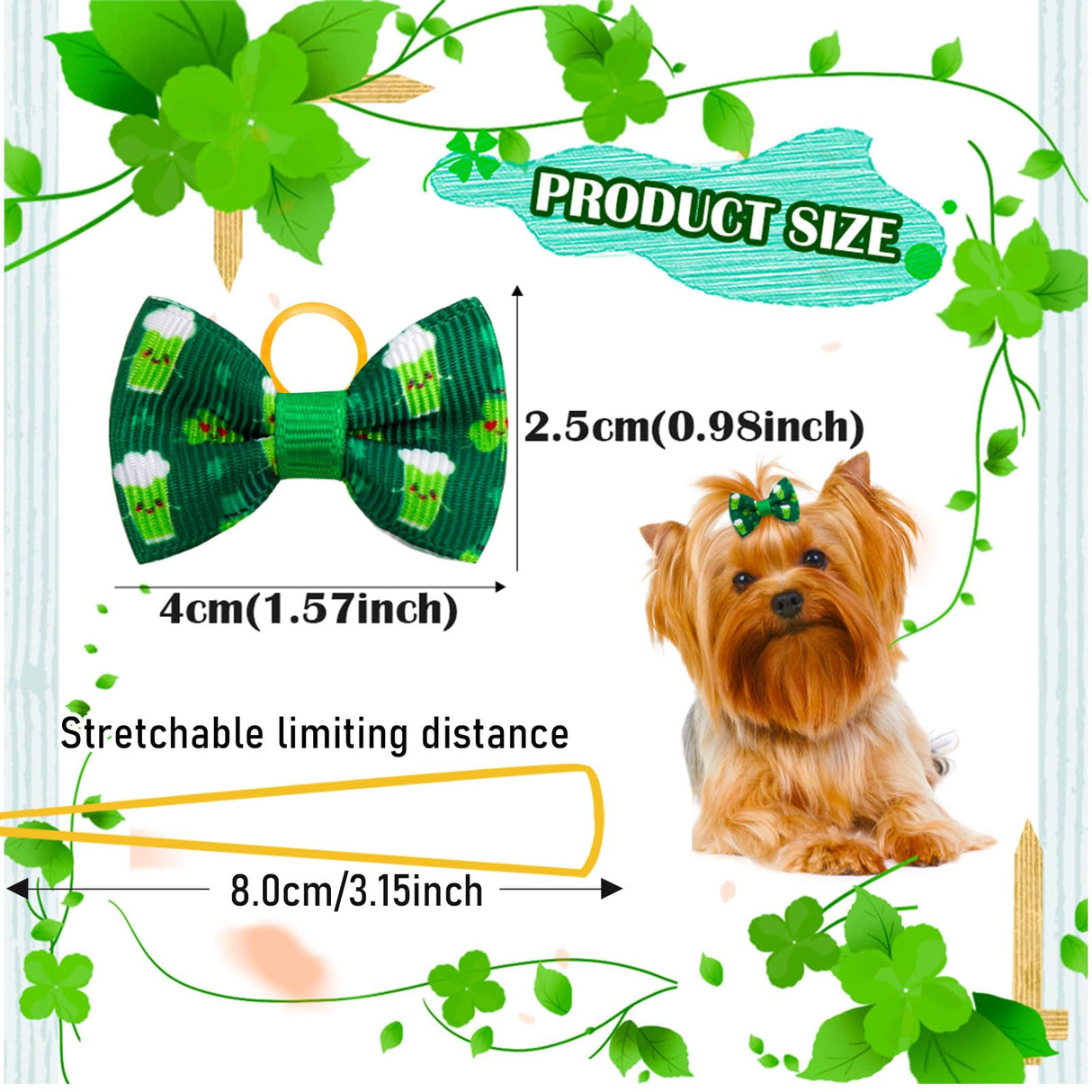 Mruq pet 80pcs St.Patrick's Day Dog Bows, Holiday Pet Dog Hair Grooming Bows with Rubber Bands, St.Patrick's Day Green Lucky Clover Element Dog Hair Bows for Dog Puppy Yorkie Hair Accessories