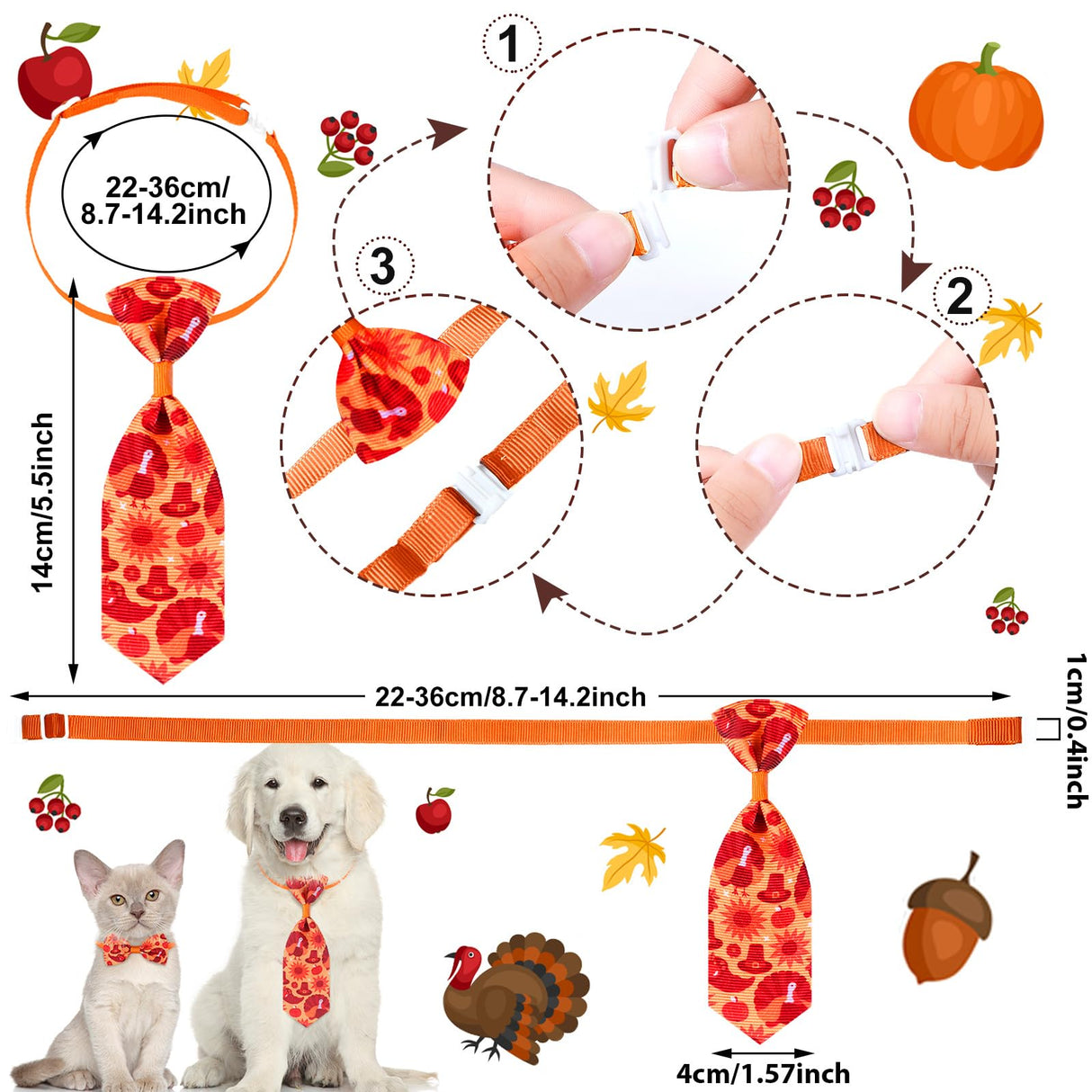 Eccliy 120 Pcs Thanksgiving Dog Bow Tie Bulk Fall Dog Grooming Bows Thanksgiving Adjustable Pumpkin Turkey Maple Leaves Pattern Pet Neckties for Small Medium Large Pet Cats