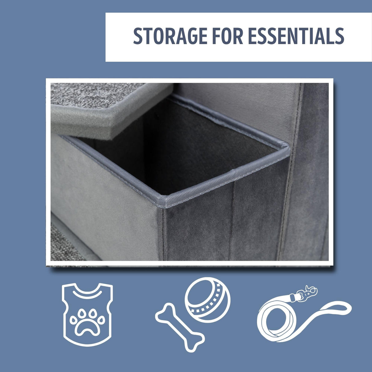 Trixie Velour 3-Step Pet Stairs with Storage, Collapsible, Storage Compartments for Pet Toys,Gray
