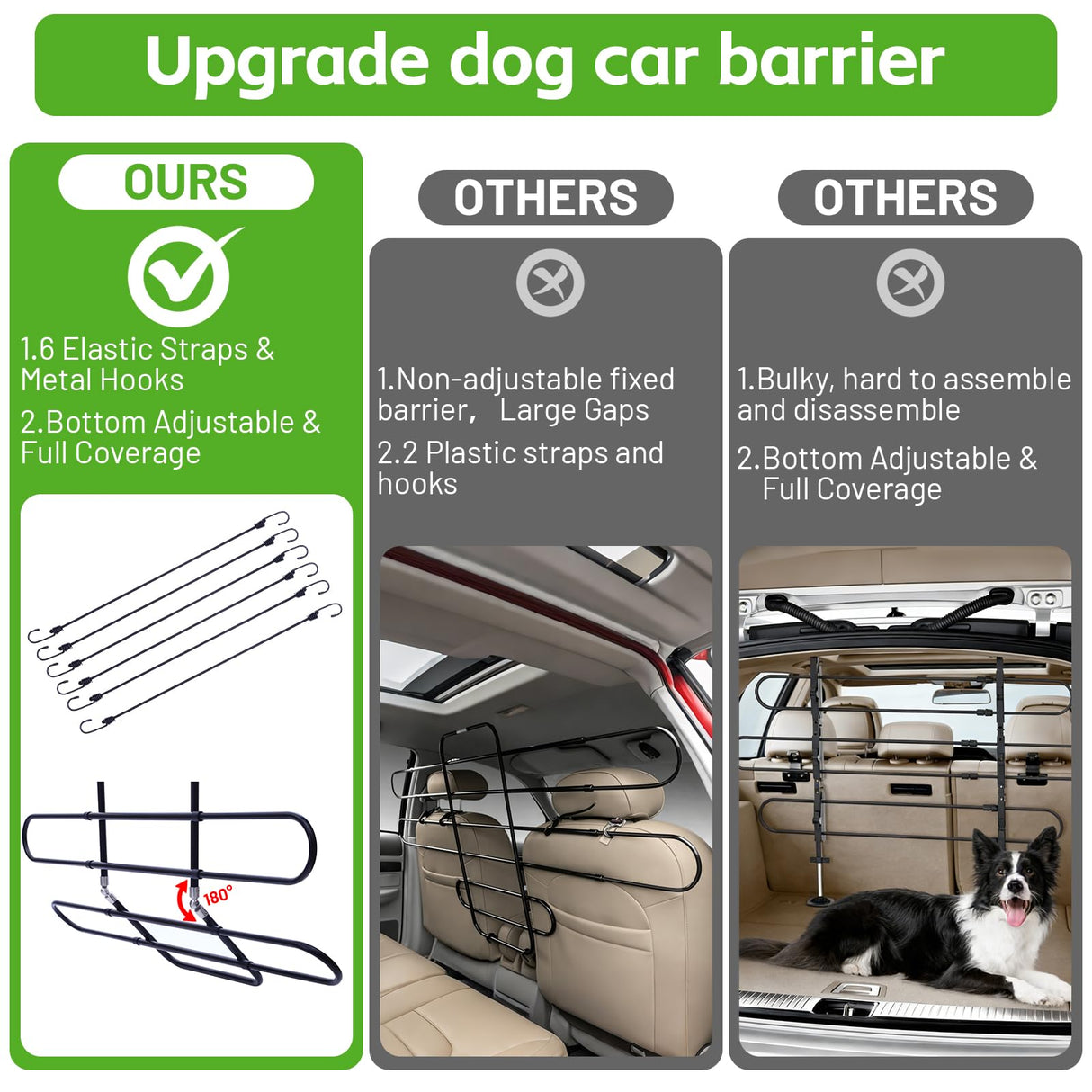 Metal Dog Barrier for Cars, SUVs, Trucks, Adjustable Universal Pet Gate Vehicle Divider for Back Front Seat, Heavy Duty Dog Separator for Car, Easy Install, 34"-58" Width, with Elastic 6 Ropes