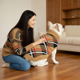 EXPAWLORER Fall Dog Sweater for Small Medieum Large Dogs, Knitted Pullover Turtleneck Cold Weather Classic Plaid Pet Clothes Sweatshirt Outfits for Winter, Girl/Boy Knitwear with Leash Hole Beige ML