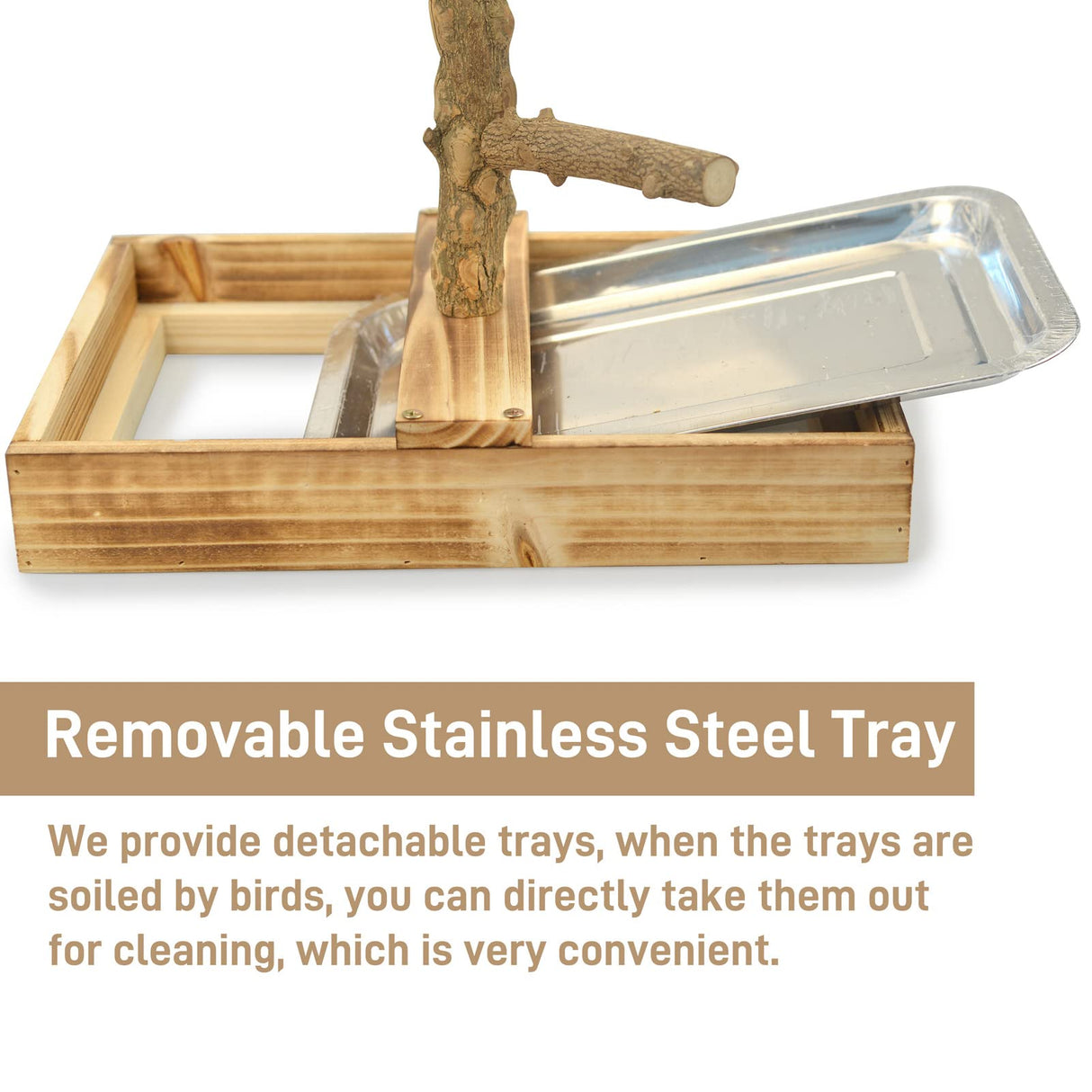 LIMIO Natural Wood Bird Toys Playground, Bird Cage Accessories, Bird Perches, with Removable Tray and 2 Stainless Steel Cups