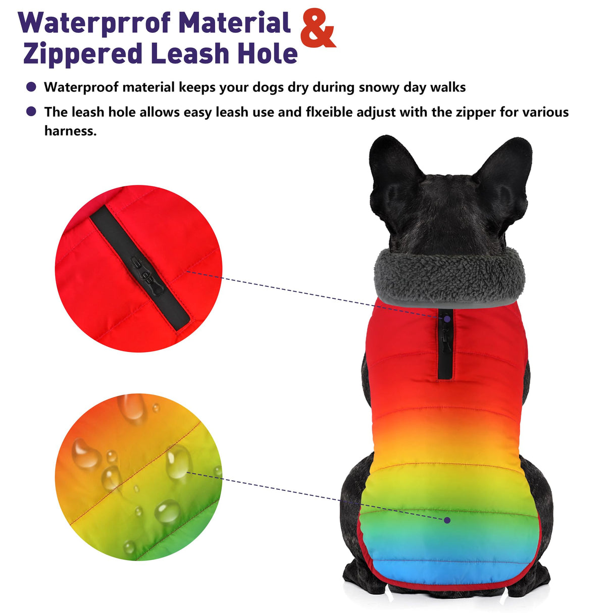 Petglad Dog Winter Coat, Waterproof Dog Jacket with Leash Hole, Reflective Adjustable Pet Snow Vest, Warm Fleece Sweater for Small Medium Large Dogs - Rainbow, S
