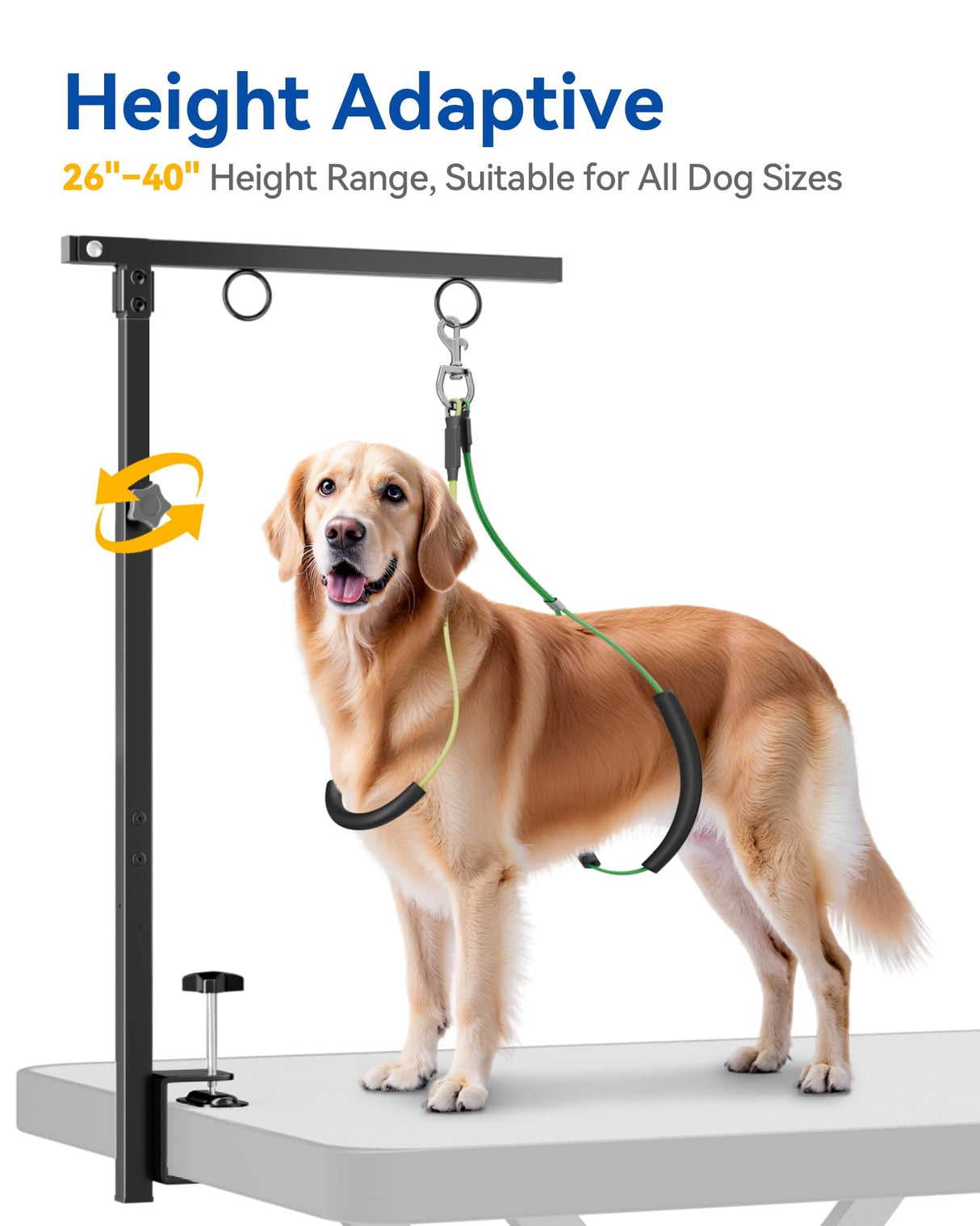 Adjustable Foldable Dog Grooming Arm with Clamp, 26–40 in Height, Safety Hammock & No-Sit Holders, Grooming Restraint for Small & Medium Dogs