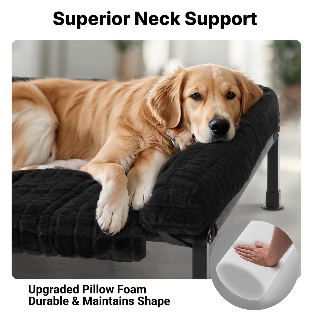 Veehoo Elevated Dog Bed Large Sized with Fluffy Plush Bolster Cushion, Washable Orthopedic Dog Couch Bed, Cooling Raised Pet Cot with Removable Mat, Breathable Mesh, No-Slip Feet, 48x 37 inches, Black