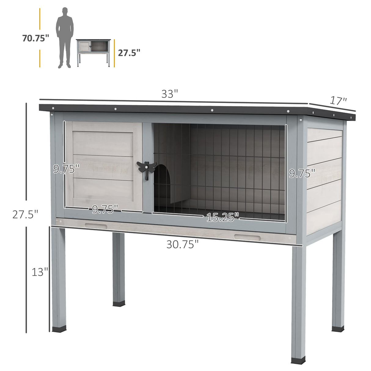 PawHut Elevated Wooden Rabbit Hutch, Indoor/Outdoor Bunny Cage with Hinged Asphalt Roof and Removable Tray for Guinea Pig, Light Gray