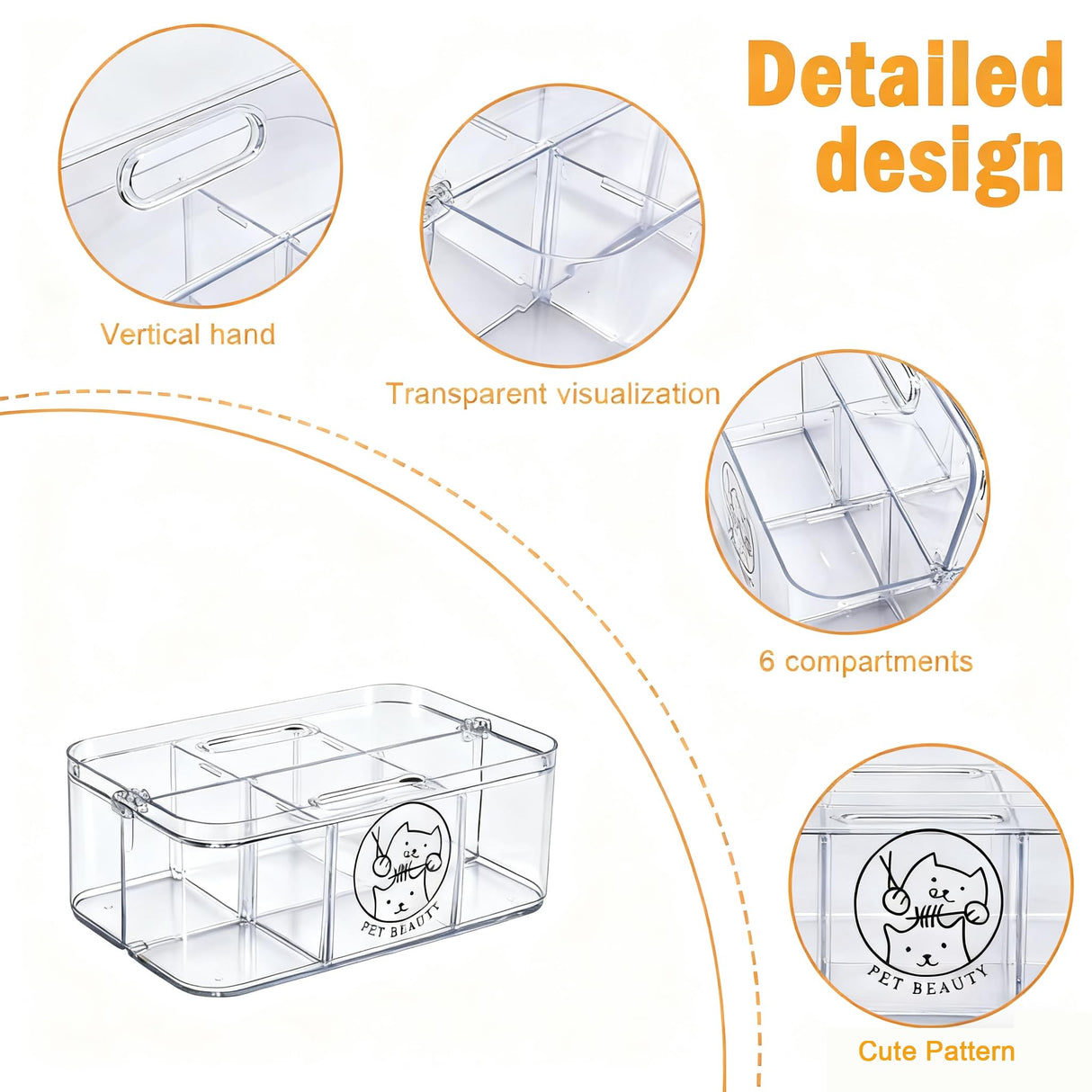Brabtod Clear Dog Storage Organizer,Pet Grooming Supplies Organizer with Handle,5 compartments Countertop Caddy, Storage Bin for Dog Cat Grooming Kit,Trimmer,Clipper,Combo,Brush