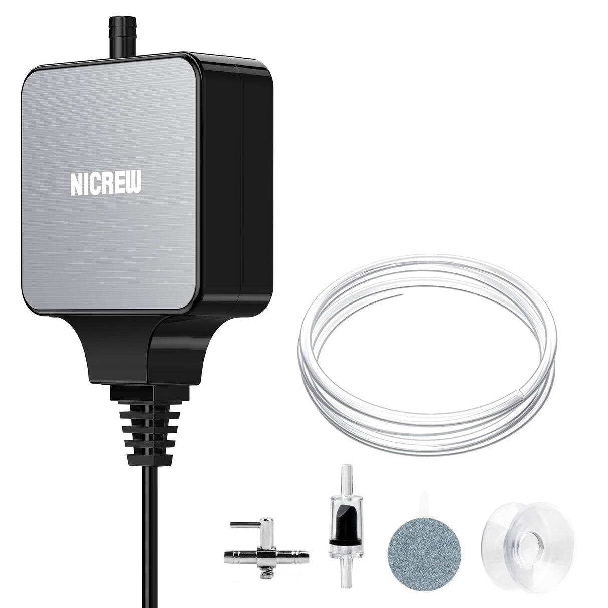 NICREW Nano Silent Aquarium Air Pump Black, Aquarium Aerator with Accessories for UP to 20 Gallon Fish Tank, Super Quiet, 0.6 L/min, 1.5 Watts