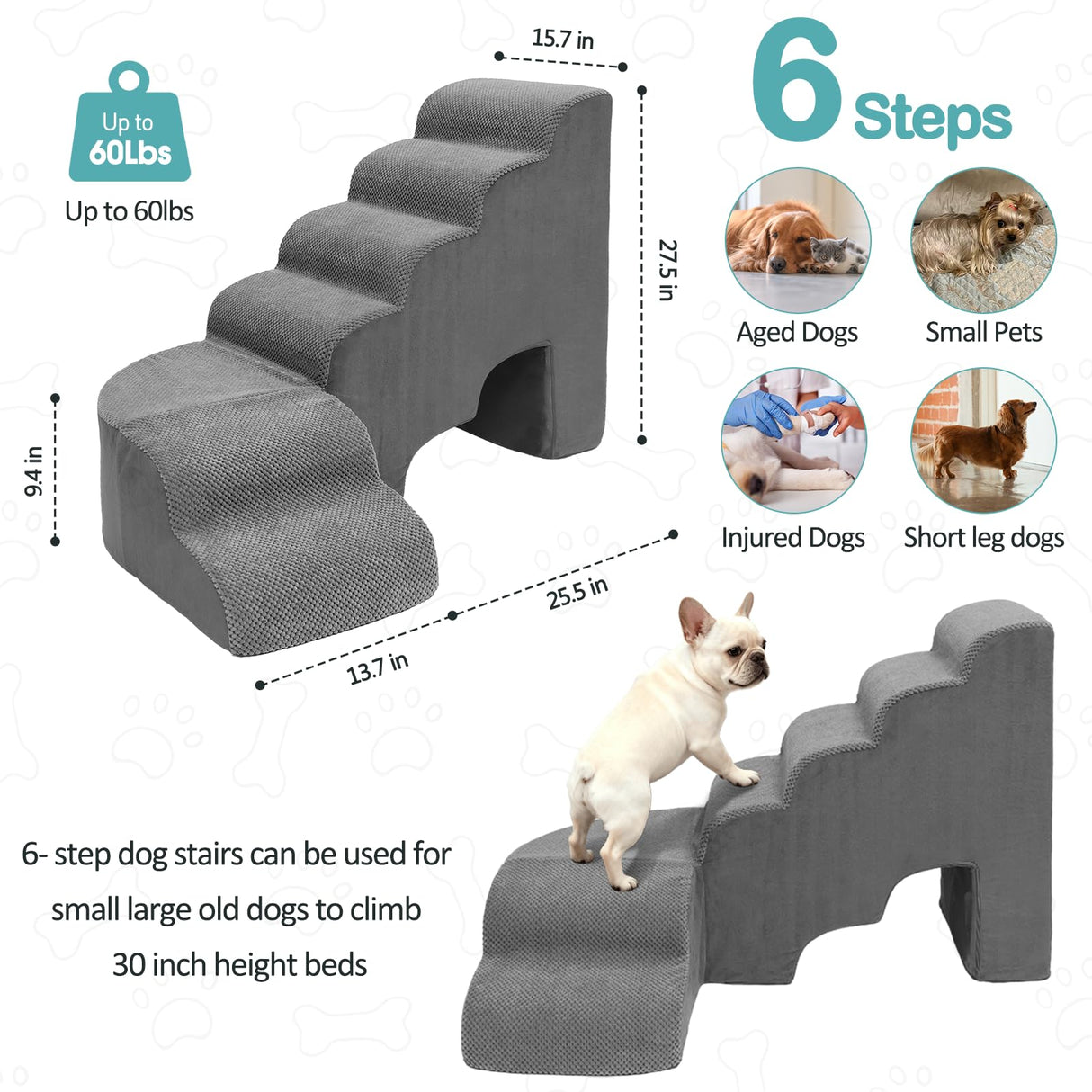LitaiL 27.5 inches Foam Pet Steps for High Beds, Steps for Dogs to Get on Bed, L Shape Pet Ramps for Bedside, 6 Tiers Stairs for Dogs to Get on Beds for Small Medium Large Dog