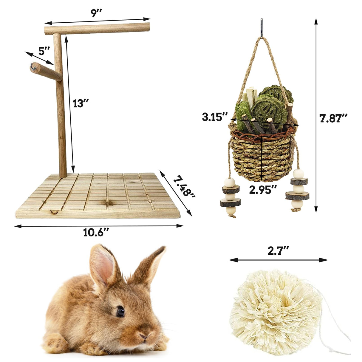 kathson Bunny Chew Toys for Teeth Grinding, Rabbit Wooden Scratch Board Feet Pad Platform Natural Seagrass Hanging Basket Small Animals Play Toy for Guinea Pigs Chinchilla Hamsters(C)