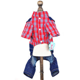 SMALLLEE_LUCKY_STORE Pet Clothes Costume Puppy Denim Overalls for Small Medium Dogs Cats Boys Bowtie Plaid Shirt Jeans Pants Outfits Chihuahua One Piece Jumpsuit,Red S