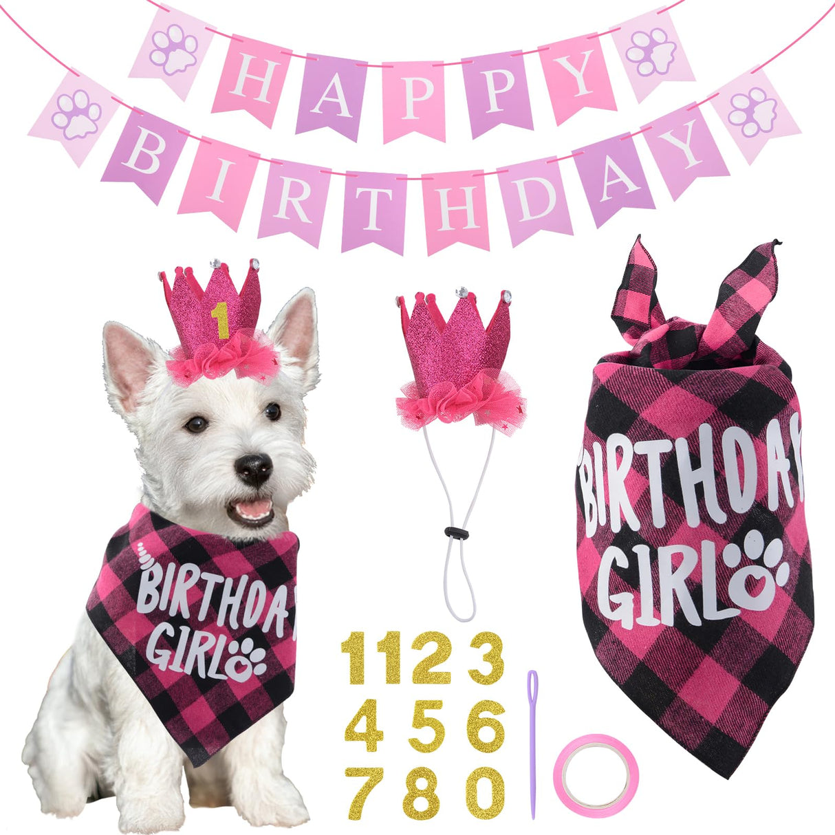 HACRAHO Dog Birthday Bandana Hat Set，1 Set Puppy Birthday Party Supplies for Girl Dogs Dog Birthday Decorations with Birthday Numbers Pet Party Hats Scarf Banner Set for Small Medium Dogs(Red)