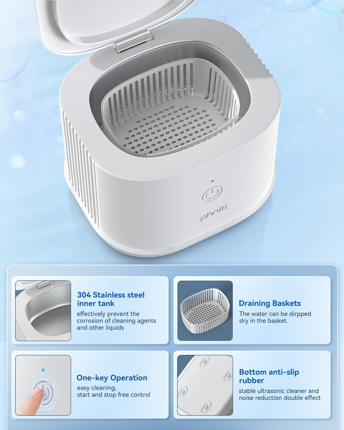 Ultrasonic Jewelry Cleaner, Phniti 46kHz Professional Portable Ultrasonic Retainer Cleaner Machine with Timer for Dental Retainer, Mouth Guard, Watch, Ring, Diamond - Household Use, White