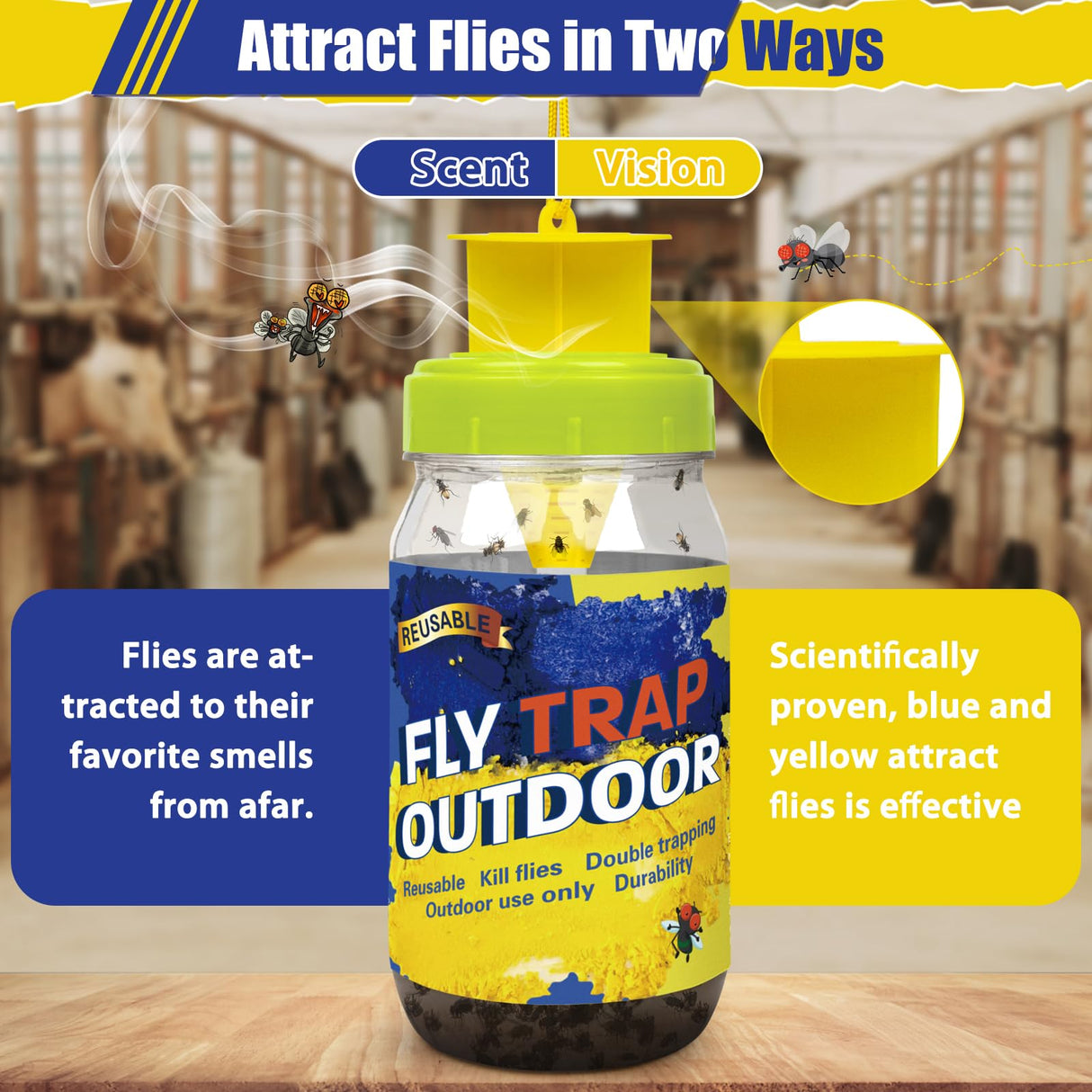 2 Reusable Fly Traps Outdoor Hanging with Bait Refill, Gnat Trap Killer Jar for House, Bug & Insect, Fruit Fly Repellent Patio, Fly Catcher for Stable
