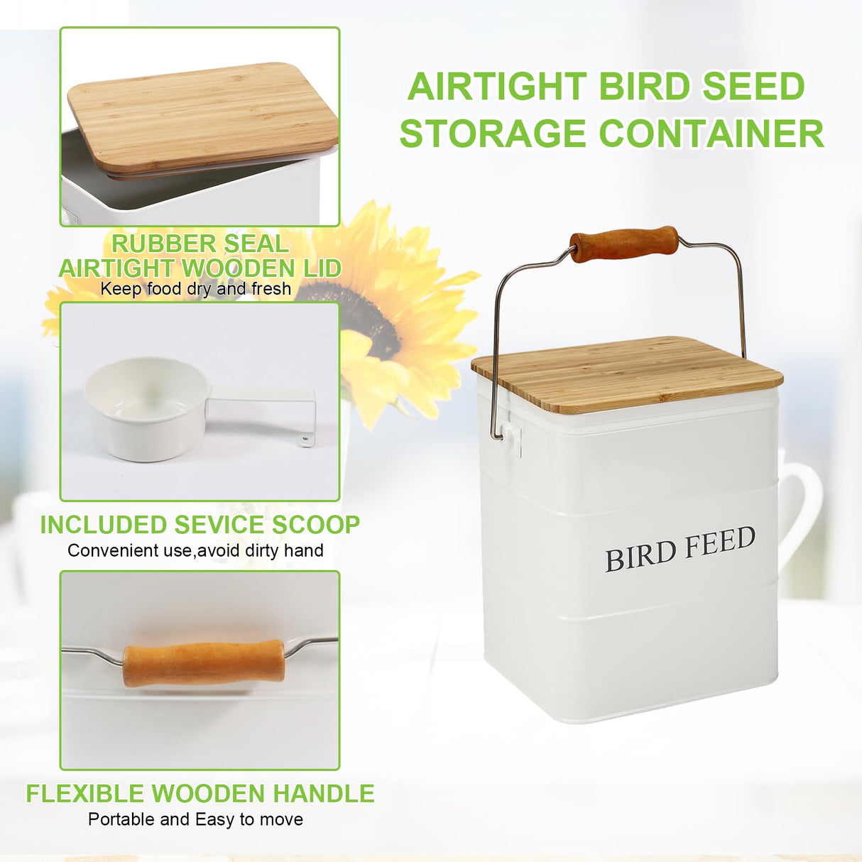 Brabtod Bird Seeds storage container,Bird Seed Container,Metal food tin for Birds, pet snacks Canisters with wooden lid/handle/sevice scoop,hold 5-6 lbs