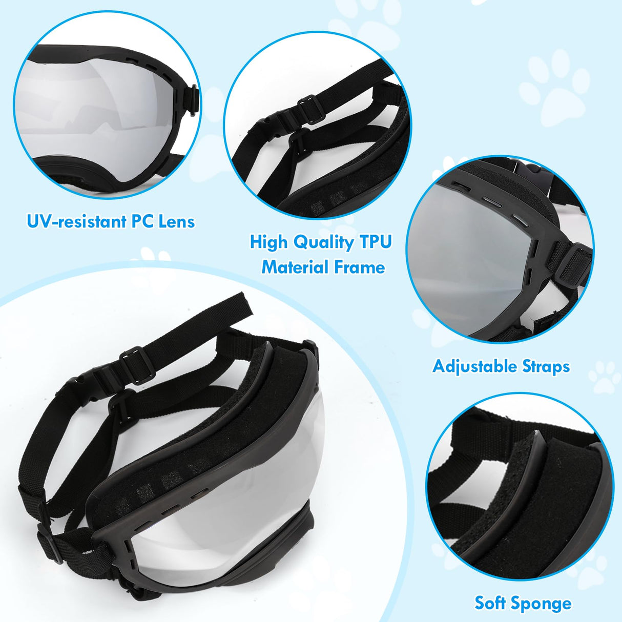 Flantor Dog Goggles for Large Dogs, UV Wind Dust Fog Protection, Soft Frame Adjustable Dog Sunglasses, Summer Driving & Winter Snow Eyewear, Tactical Pet Glasses with Elastic Strap (Black)