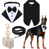 Huhumy 4 Pcs Dog Wedding Tuxedo Outfit for Large Dogs Pet Ring Box Security Gift Set Include Wedding Ring Holder Pouch Box Formal Dog Tux PU Leather Leash Black Gentleman Pet Tux with Bowtie Set