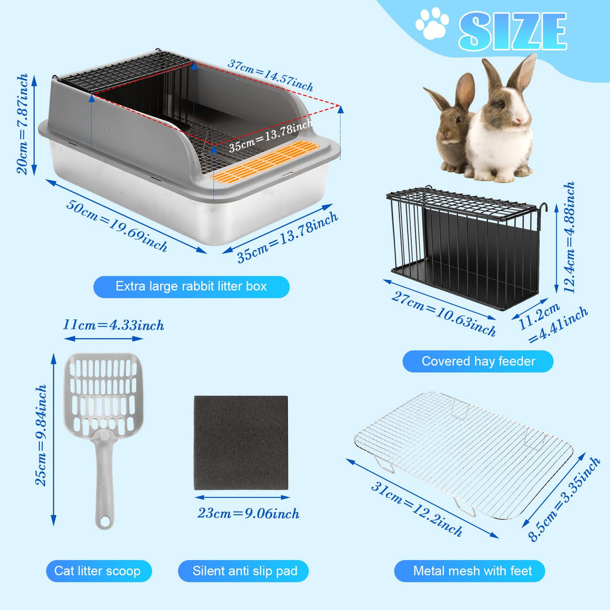 Stainless Steel Rabbit Litter Box w Hay Feeder and Litter Scoop, 19.7 x 13.8 x 7.9 Inch Large Litterboxes w Raised Grid, High Sided Kiter Box for Bunny, Guinea Pig, Ferret, Small Snimal, Hamster