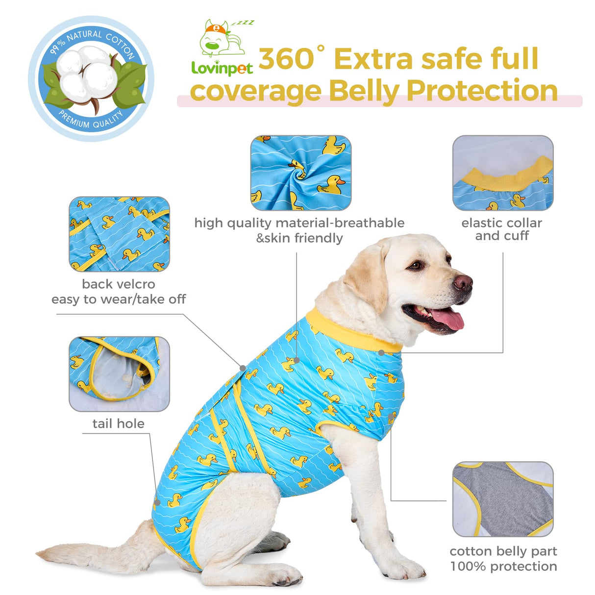 LovinPet Dog Recovery Suit for Large Medium Dogs Pet Pajamas Anti Licking Bodysuit for Abdominal Wound After Surgery for Shedding Skin Disease,Effectively Help,Duck,Blue,XXL