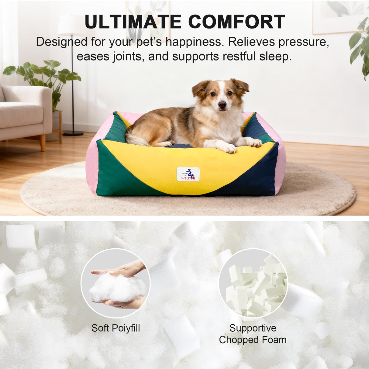 Welfibr 290 GSM Cotton Canvas Dog Couch Bed, Washable Removable Cover, Tough Bolster with Supportive Chopped Foam, Anti-Slip Bottom (Medium)