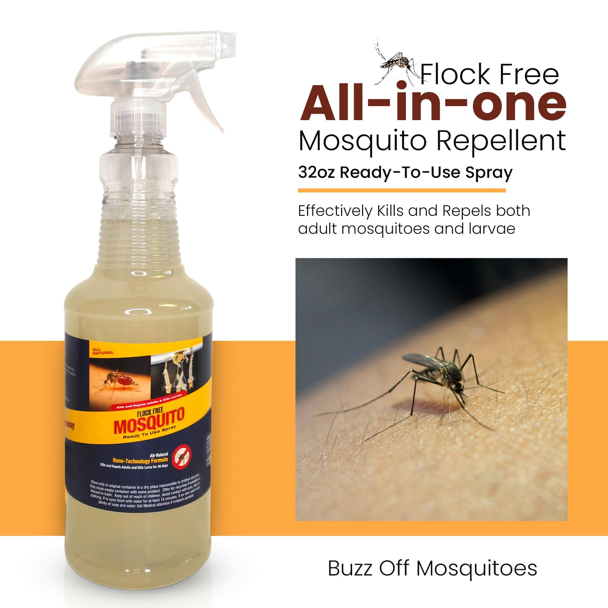 Flock Free Natural Mosquito Control Ready to Use Spray, Repels Mosquitoes, Ticks, Fleas, Flies, Gnats, and Chiggers Away (32 oz Ready to use)
