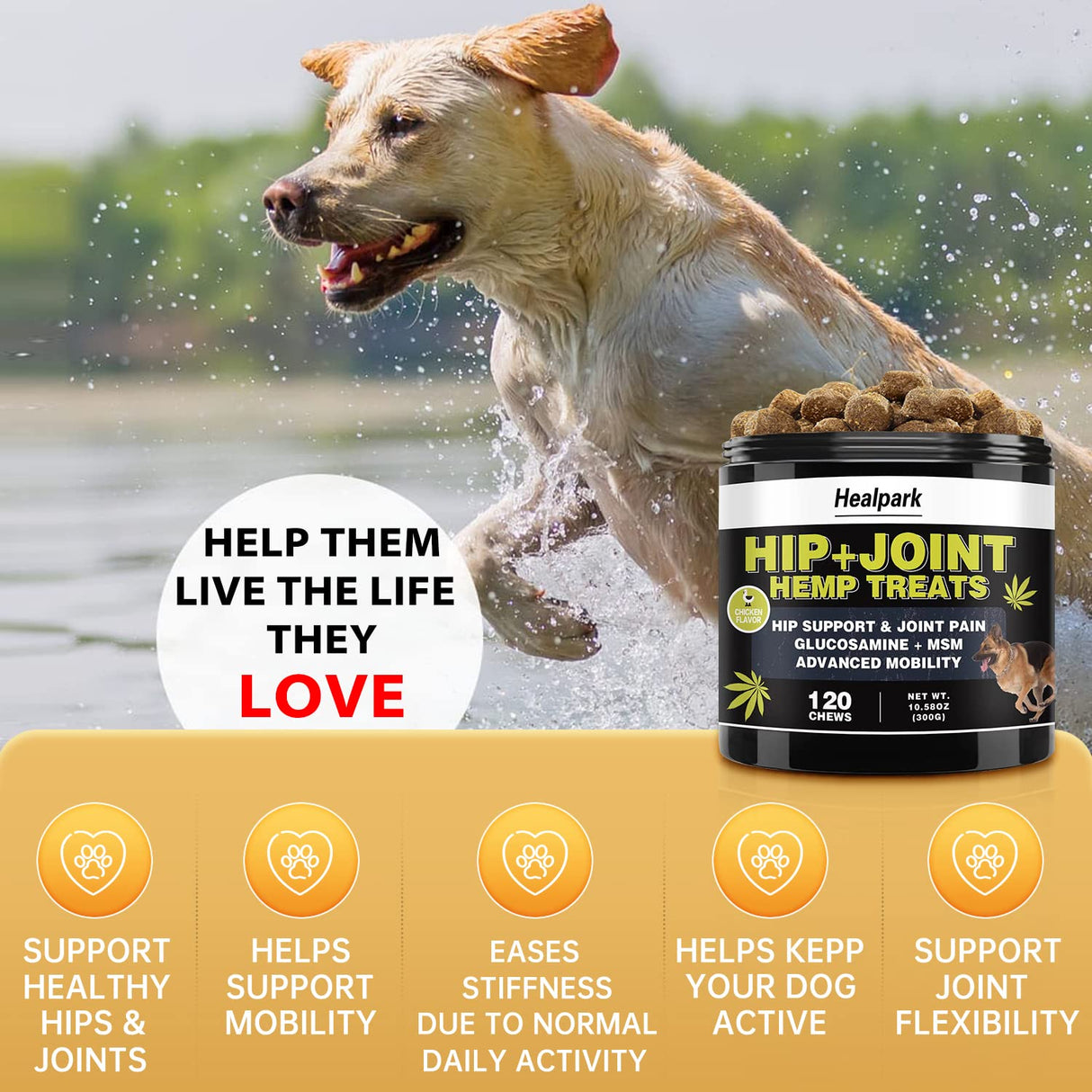 Hemp Hip and Joint Supplement for Dogs - Glucosamine for Dogs - Chondroitin, Hemp Oil, MSM & Turmeric - Support Joint Mobility, Joint Pain Relief, Hip Dysplasia, Arthritis Health Care - 120 Chews