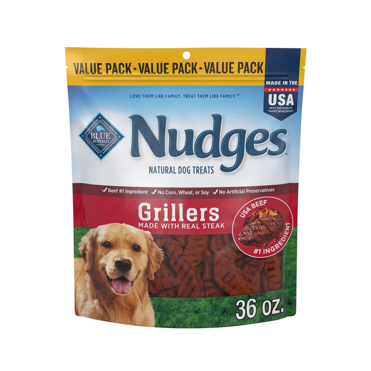 Blue Buffalo Nudges Grillers Natural Dog Treats with Real USA Beef, Made in the USA, Steak, 36-oz Bag