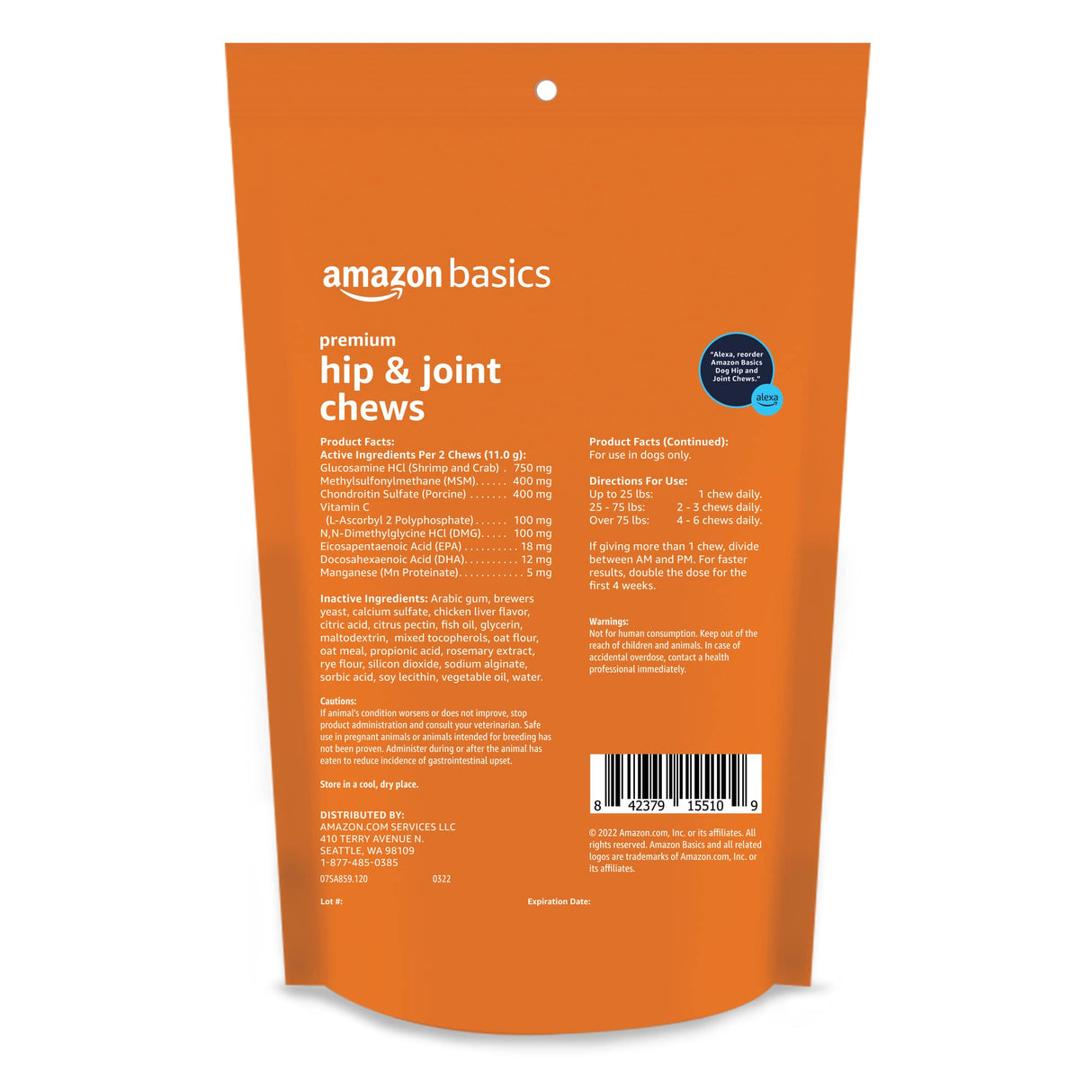 Amazon Basics Premium Dog Hip & Joint Supplement Chews with EPA and DHA, 120 Count (Previously Solimo)