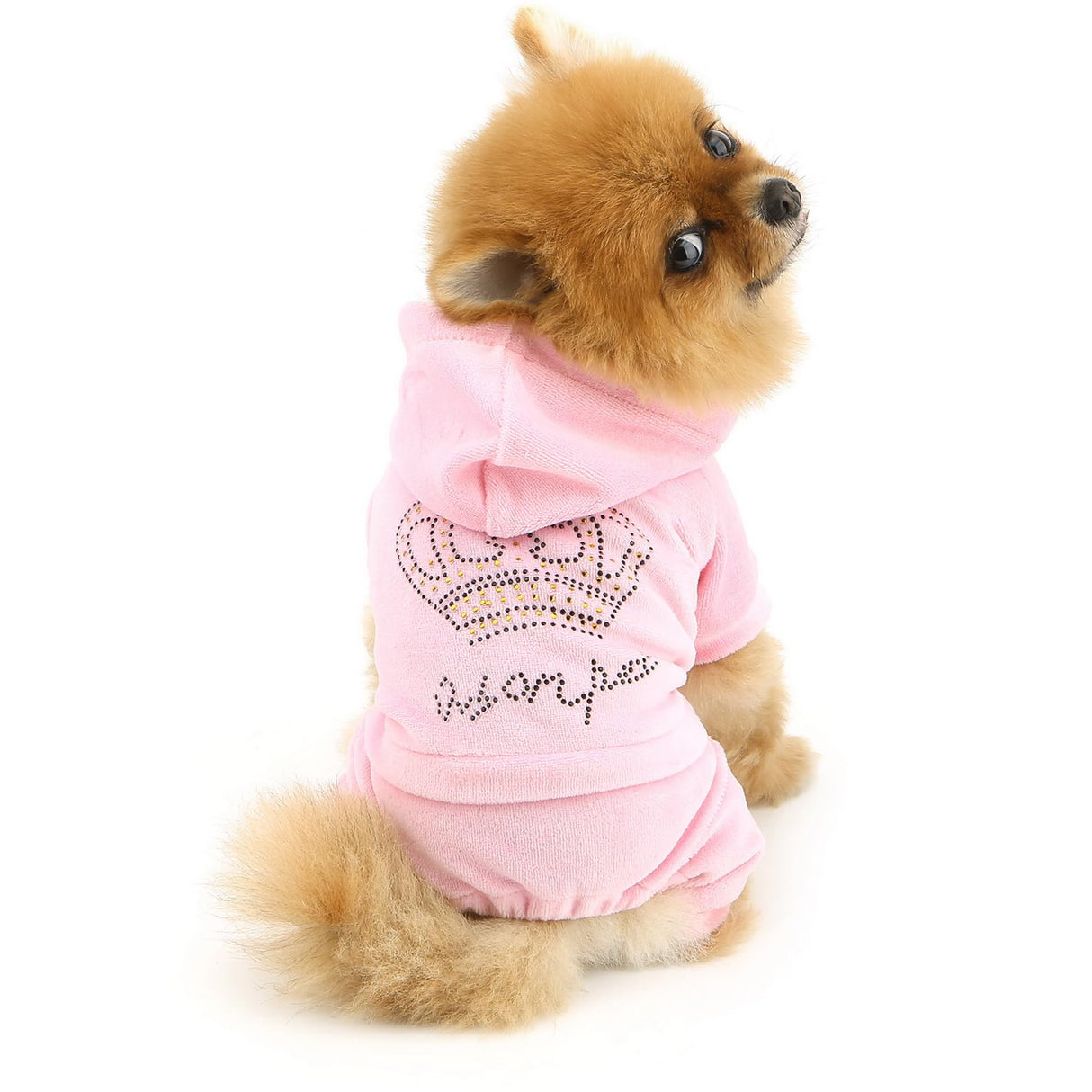 SELMAI Girl Dog Clothes for Small Dogs Cute Doggie Outfits Rhinestone Crown Stretchy Puppy Pajamas Soft Velvet Hoodie 4 Legged Jumpsuit Lightweight Pet Tracksuit Cat Apparel Leash Hole