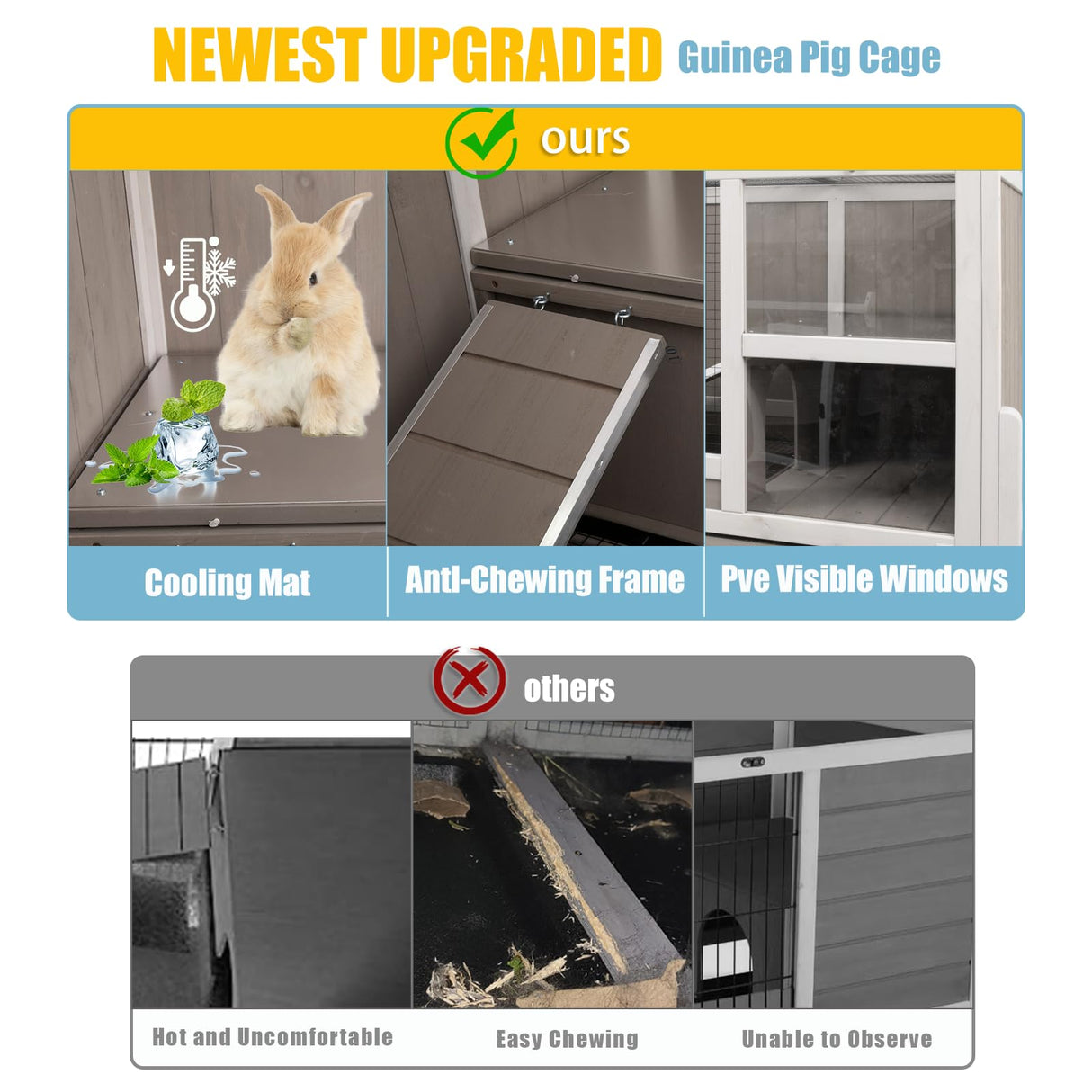 Ketive Guinea Pig Cages Indoor, Wooden Guinea Pig Cages with Stand, Rabbit Cage Hutch with Ramp and Hideout, Small Animals Cage Habitat with Not Leakage Pull Out Tray