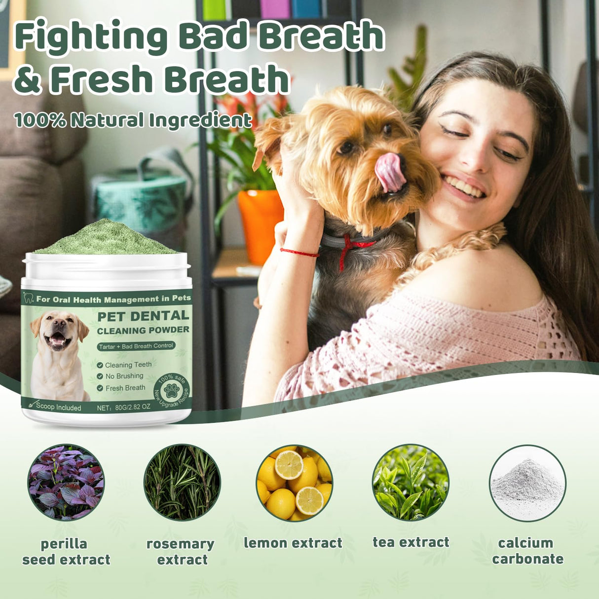 Dog Dental Powder, Dog Teeth Cleaning Powder, Dog Dental Care, Targets Tartar & Bad Breath Dog Teeth Cleaning, Green